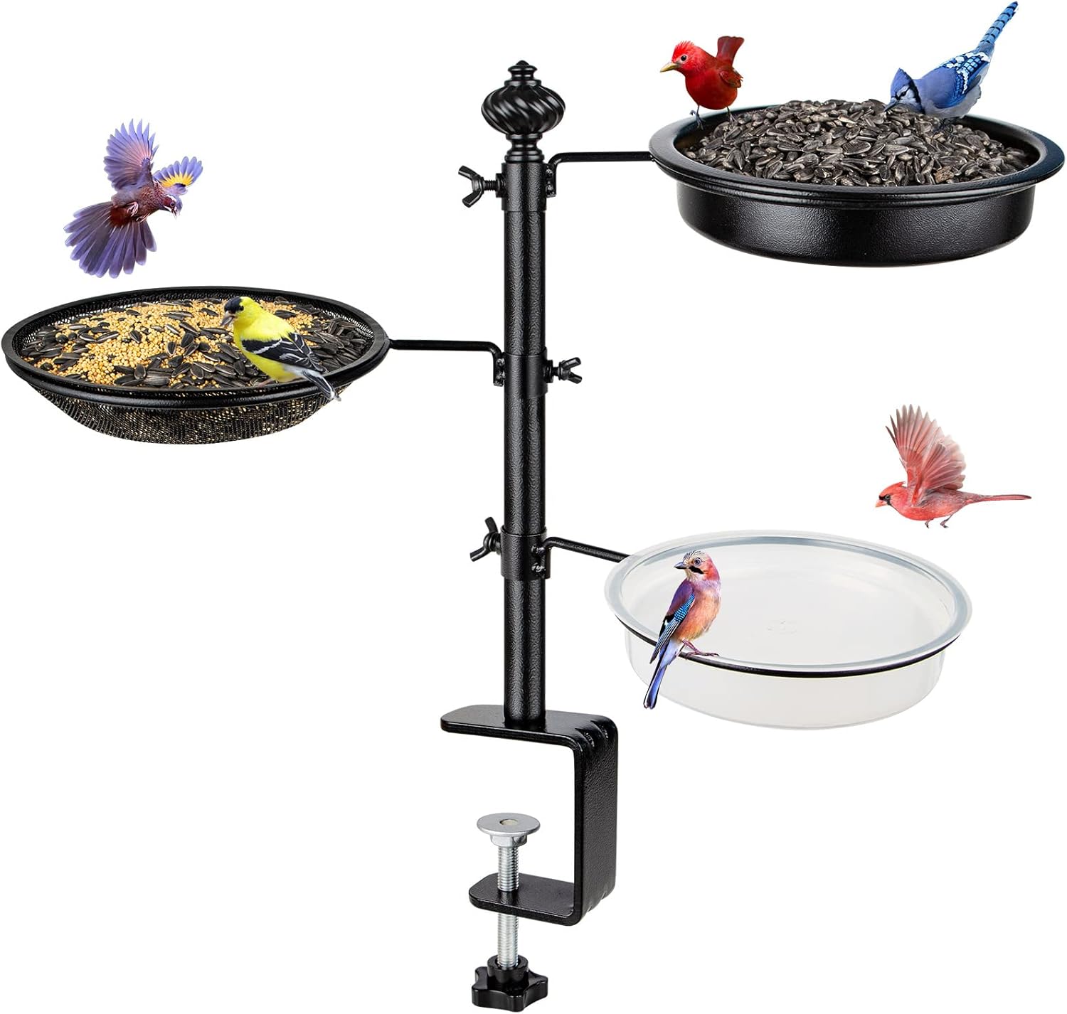 Bolite three-tray deck railing bird feeder with two metal seed trays, a clear water tray and a clamp mount
