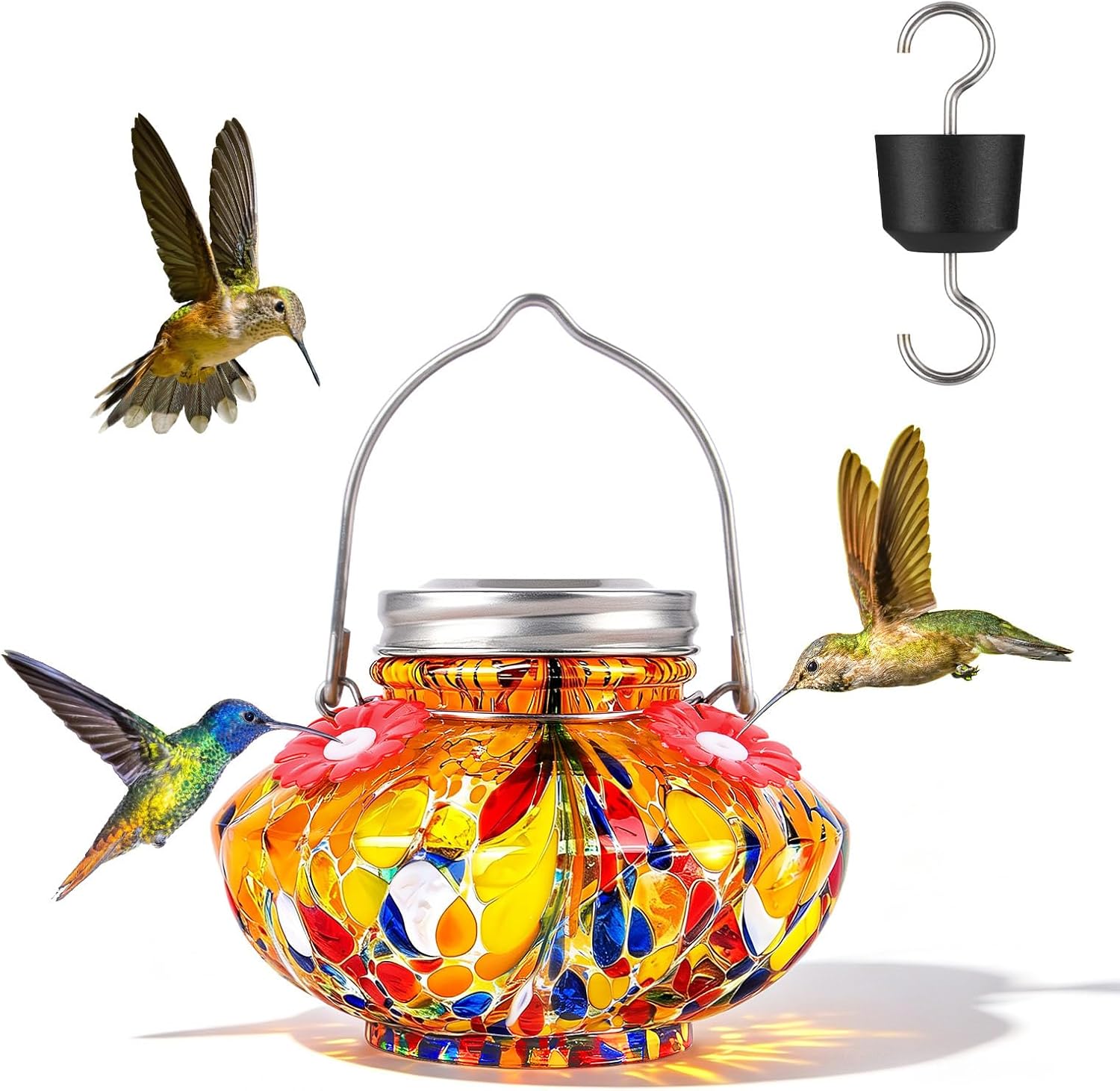 Bolite top-fill glass hummingbird feeder in orange and multicolored glass with a screw-on metal lid and red flower ports