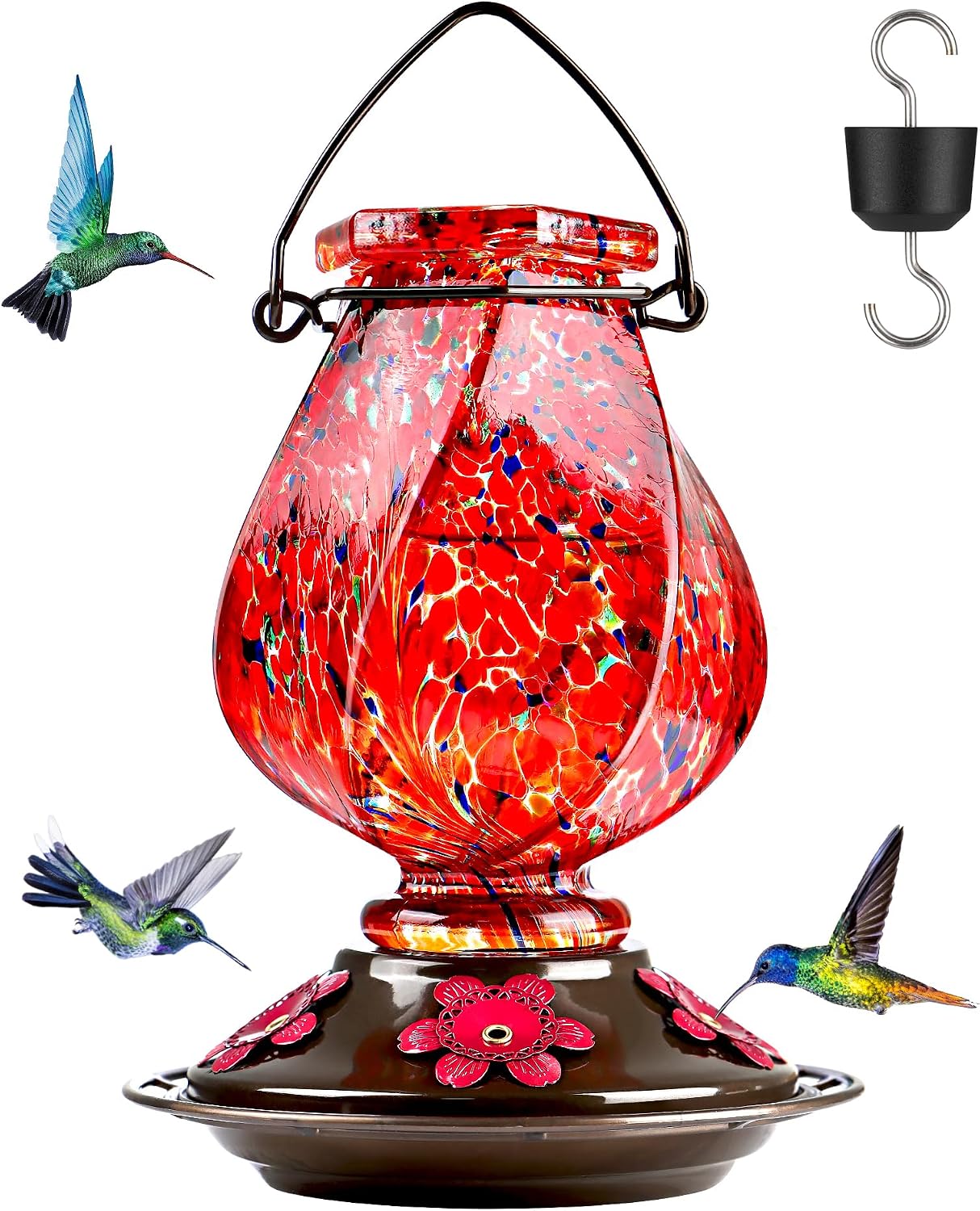 Bolite 22 oz hand-blown red glass hummingbird feeder with five flower-shaped ports, a circular perch and an ant moat on the hanger