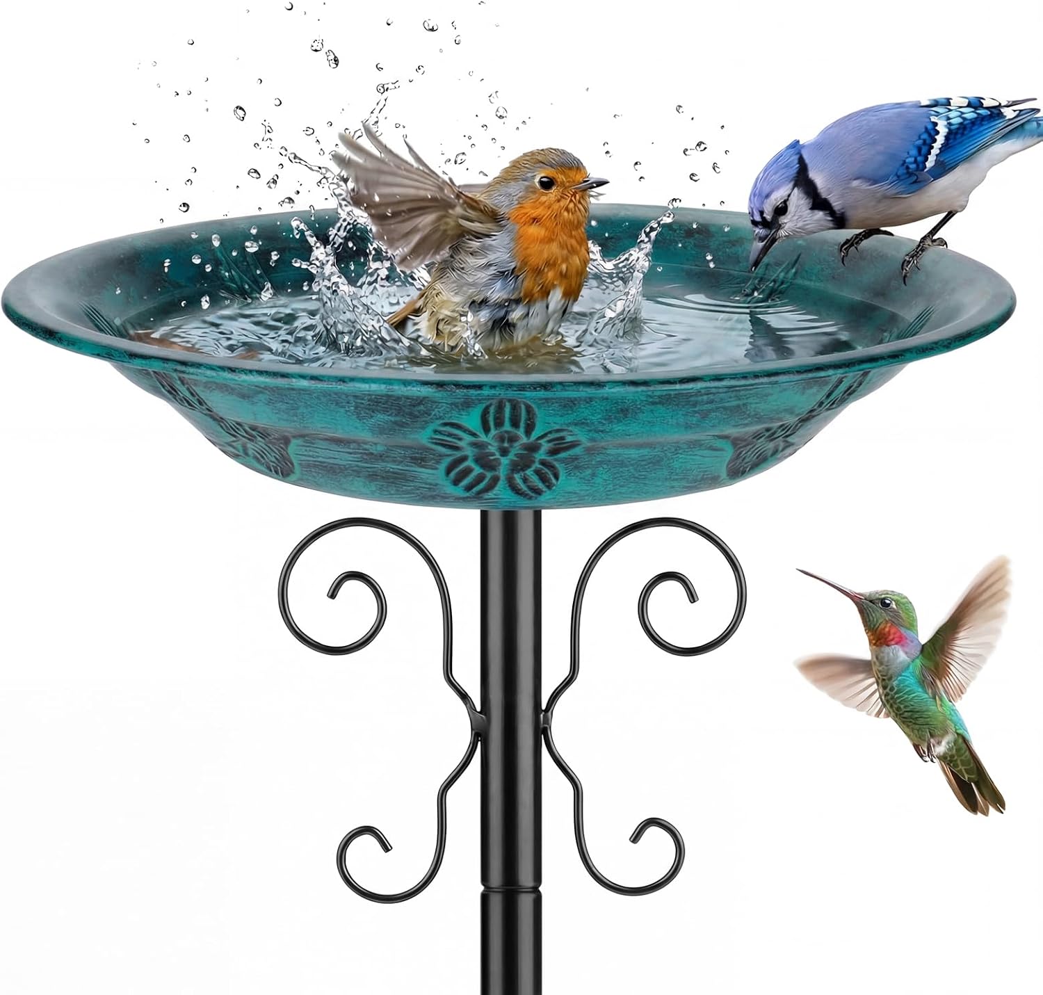 Bolite antique green metal bird bath bowl on a scrolled ground stake with a robin bathing and a blue jay drinking
